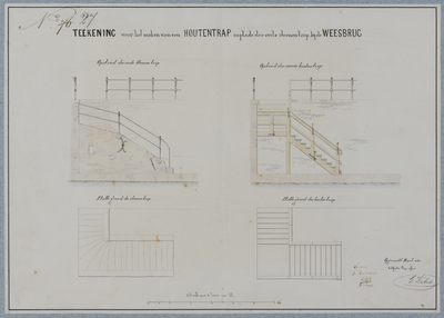 214394 Plattegronden en opstanden van de bestaande stenen trap en het ontwerp voor een nieuwe houten trap vanaf de werf ...
